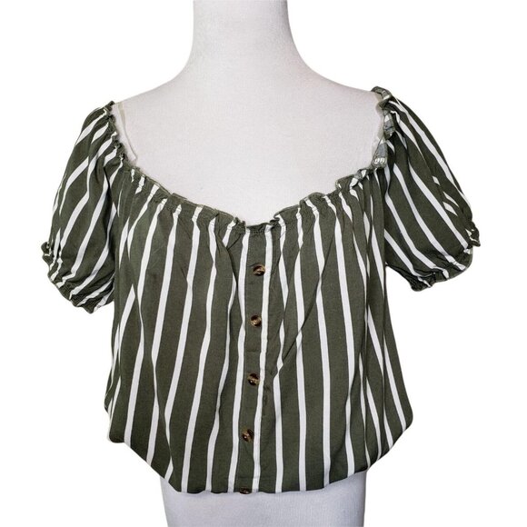 Striped Olive & White Off-Shoulder cropped Blouse With Button Front Size M - Picture 1 of 9